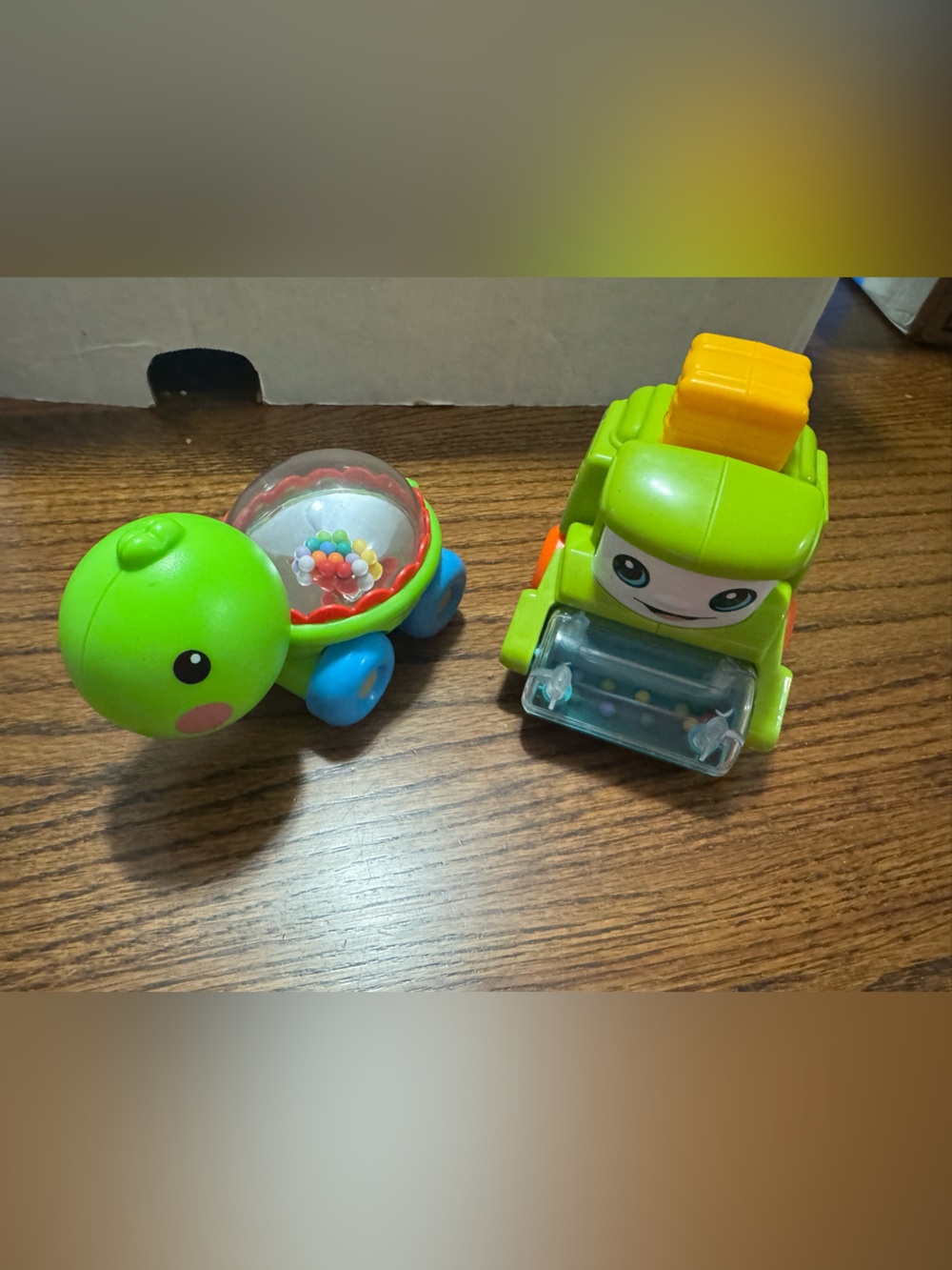 Lot of 2 fisher price Green Turtle & Truck Rattle Toy Set - Bright Green